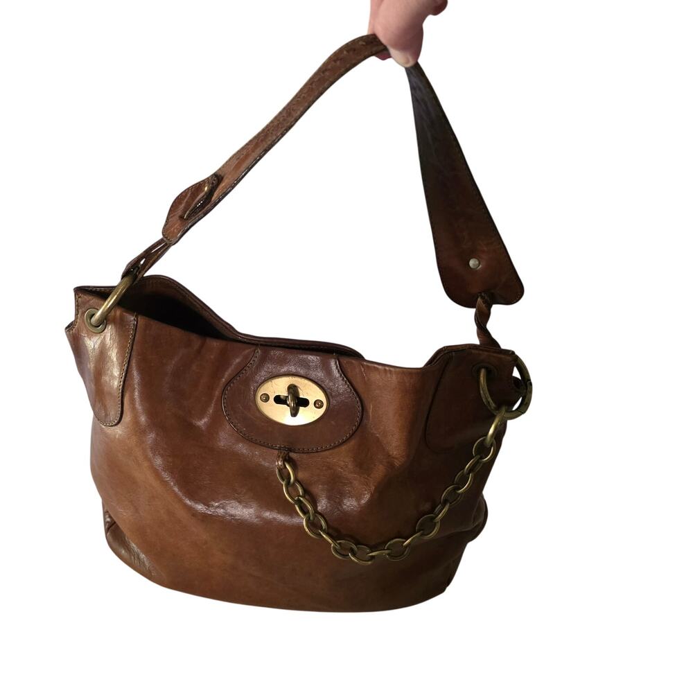Palo Maso Brown Leather Gold Chain Statement Bucket Bag Shoulder Purse Italy